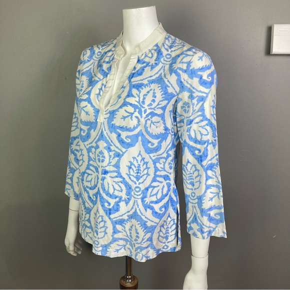 J. McLaughlin top blouse size 4 pullover blue white collar tapestry coastal - Picture 2 of 8